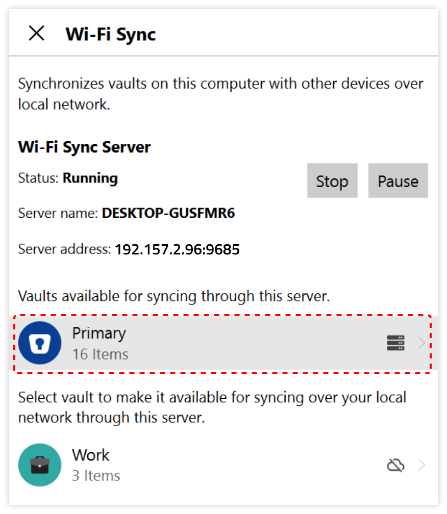 Select vault to Wi-Fi Sync